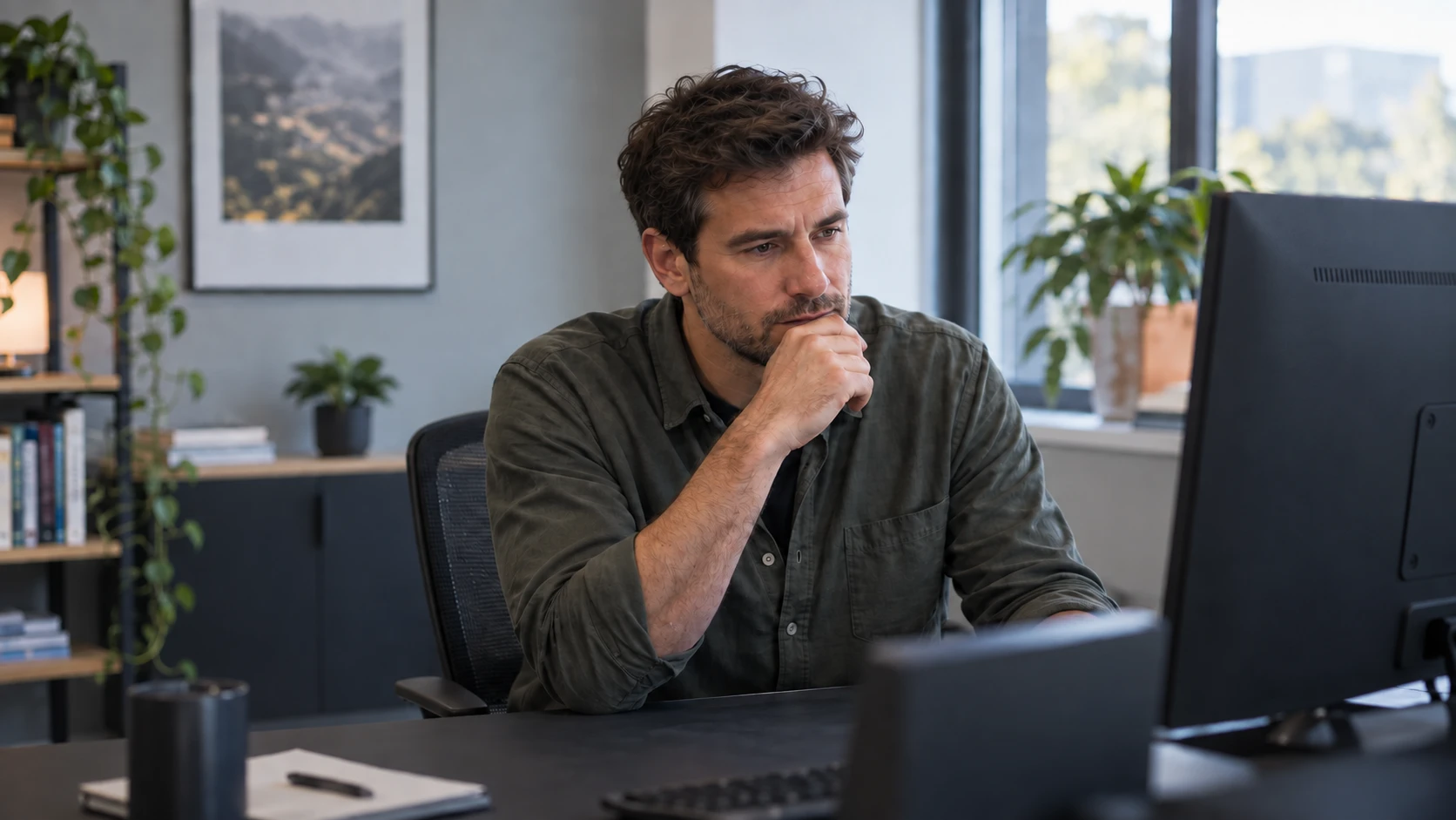 Illustrative editorial scene: a young cybersecurity professional focused at his workstation