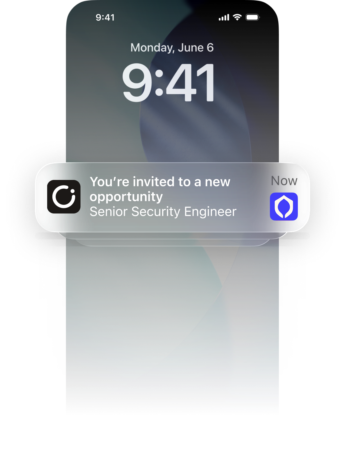 Example invitation notification for a Senior Security Engineer opportunity on a phone lock screen.