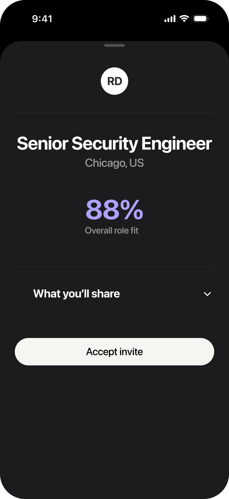 Example role review: Senior Security Engineer, Chicago, US. 88% overall role fit. What you’ll share. Accept invite. Static demonstration.